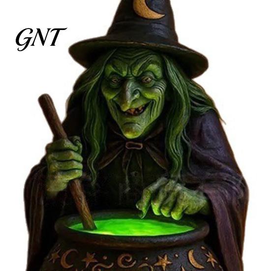 Bedroom Desk Decorations Halloween Witch Cauldron Lamp, Resin Statue Ornament, Spooky Decorative Small Garden Light for Desktop Table Decoration,