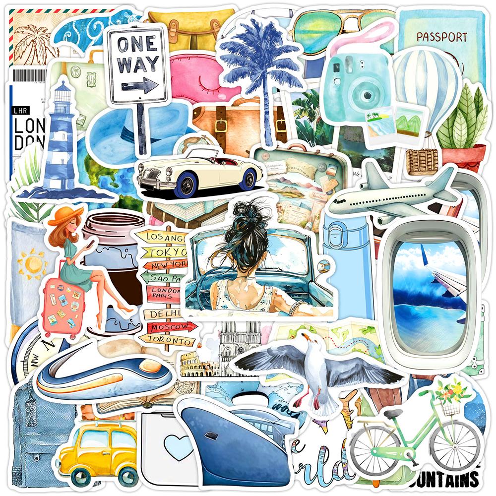 10/30/50pcs Creative Watercolor Travel Life Stickers Aesthetic Cartoon Sticker Scrapbook Phone Luggage Graffiti Decals