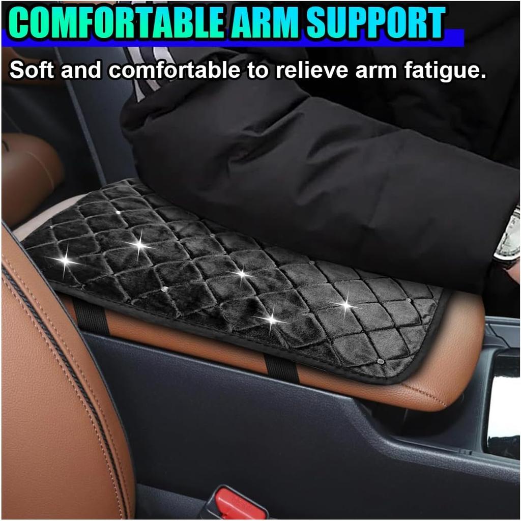 Bling Car Center Console Cover, Soft Comfortable Fluffy Car Armrest Cover, Crystal Rhinestone Seat Box Cushion Protector, Automotive Interior