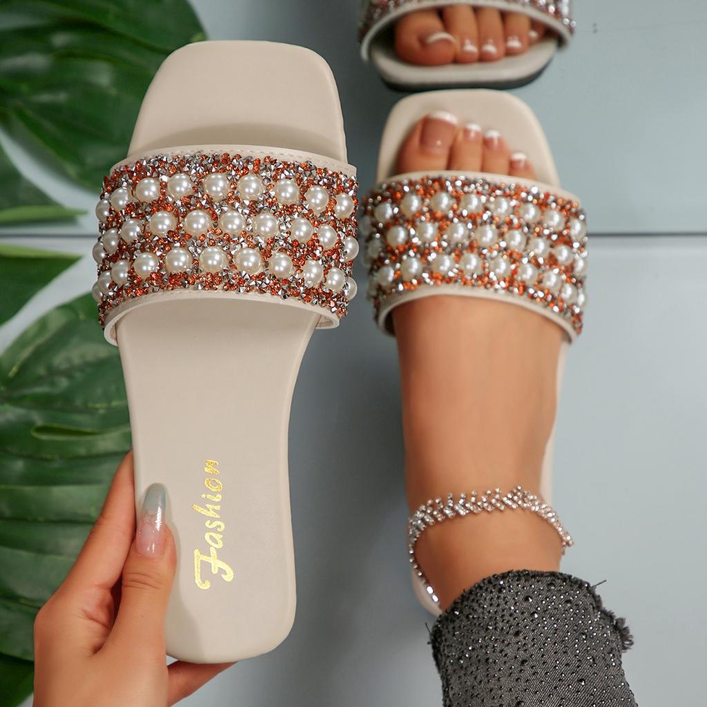 [Foreign Trade] 2025 European Station Golden Velvet Fashion Outer Wear Rhinestone Pearl Holiday Flat Slippers Sandals