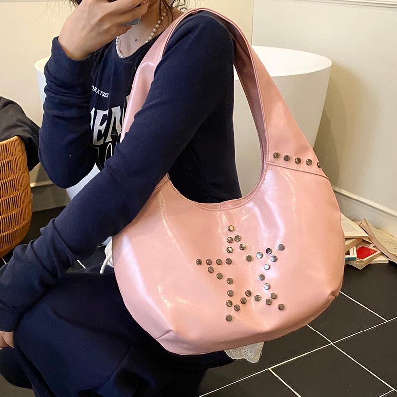 PU Hobo Bag Women's Fashion Shoulder Tote with Stud Detail Soft Texture Casual Everyday Handbag