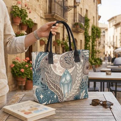  Boho Moon Crystal Pattern Tote Bag Casual Large Capacity Canvas Shoulder Bag for Daily Use
