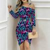 Women Plus Size Cold Shoulder Long Sleeve Neon Heart And Star Print Irregular Slit Bodycon Midi Dress