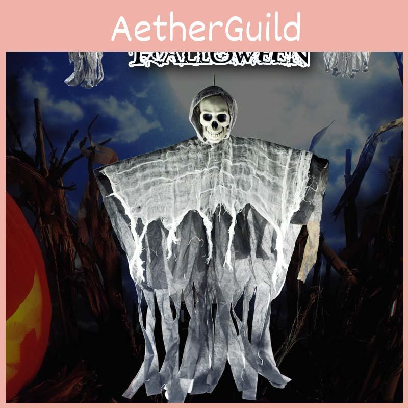 Durable 100cm Halloween Skeleton Hanging Reaper With Realistic Skull And Hood