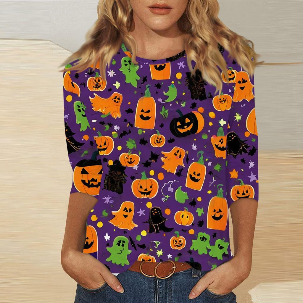 Women's Fashion Casual Three-quarter Sleeve Halloween Printed Round Neck Top