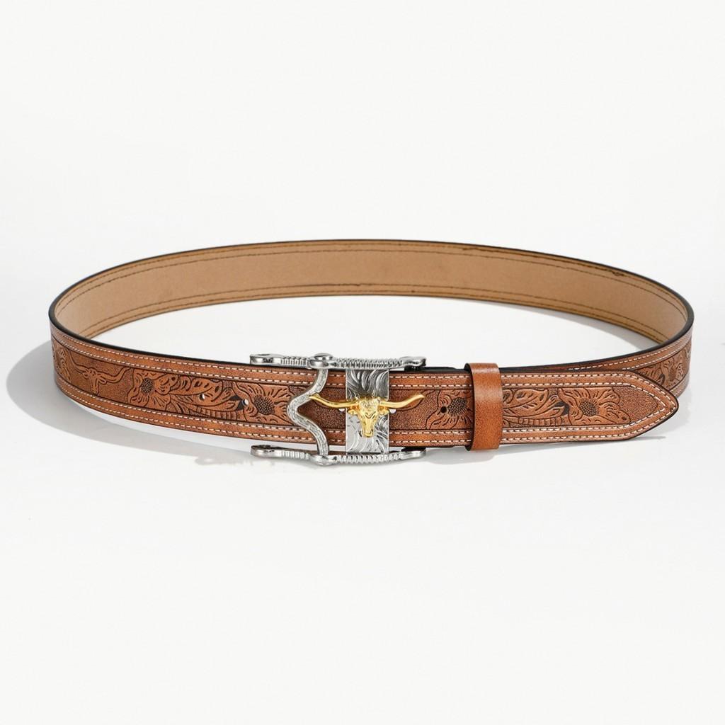 High Quality Pu Leather Belt With Bohemian Alloy Buckle For Men In Ethnic Style With Bull Head Print