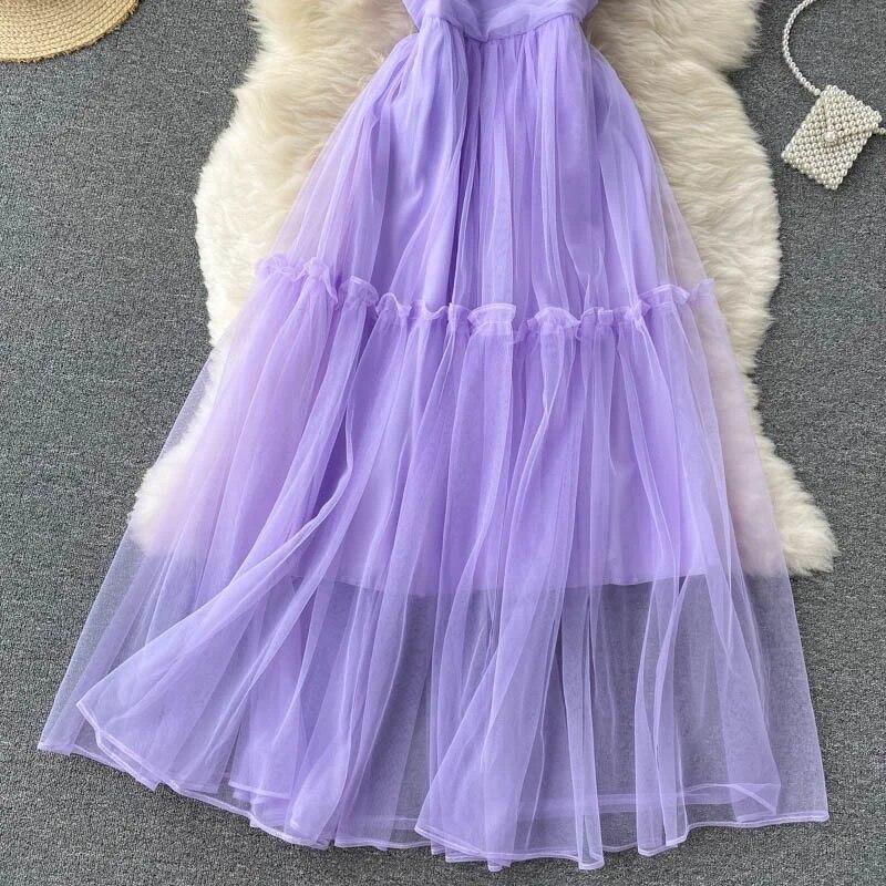 Sexy Mesh Strap One Piece Dress Women Sweet Ruffle A-Line Beach Party Dresses Female Fashion Solid Design Elegant Clothing 2024