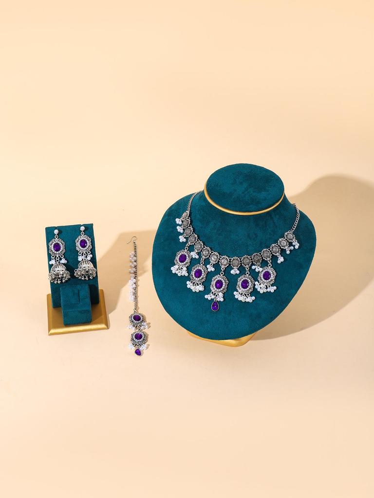 Indian Style Rhinestone Gemstone Three-Piece Set: Oval Necklace, Earrings & Headwear