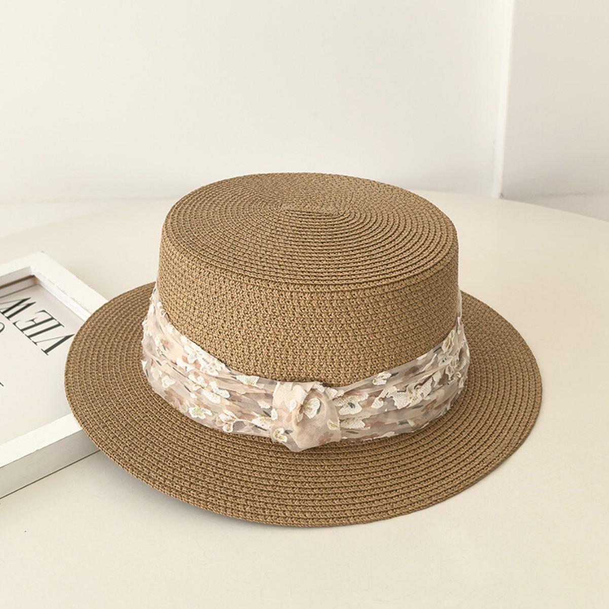 

Summer new hat women s straw woven sunshade sunscreen straw hat fashionable small fresh solid color flat top top hat average size