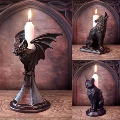 Gotycki Świecznik Vintage Kot Wilk Nietoperz Statua Halloweenowy Świecznik Do Dekoracji Domu Imprezowego Rzeźba z Żywicy