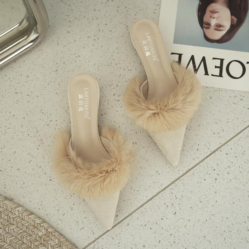 Baotou Half Slippers Women's 2024 New Hairy Pointed Mink Cool Slippers Velvet Flat-bottomed Fashion Outer Wear Muller Shoes