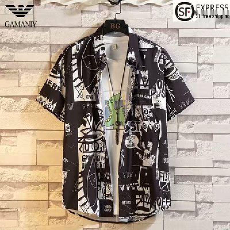 

Men s Hong Kong-Style Floral Japanese Shirt - Rebellious Trendy Print, Mid-Sleeve, Short-Sleeve Fashion XL