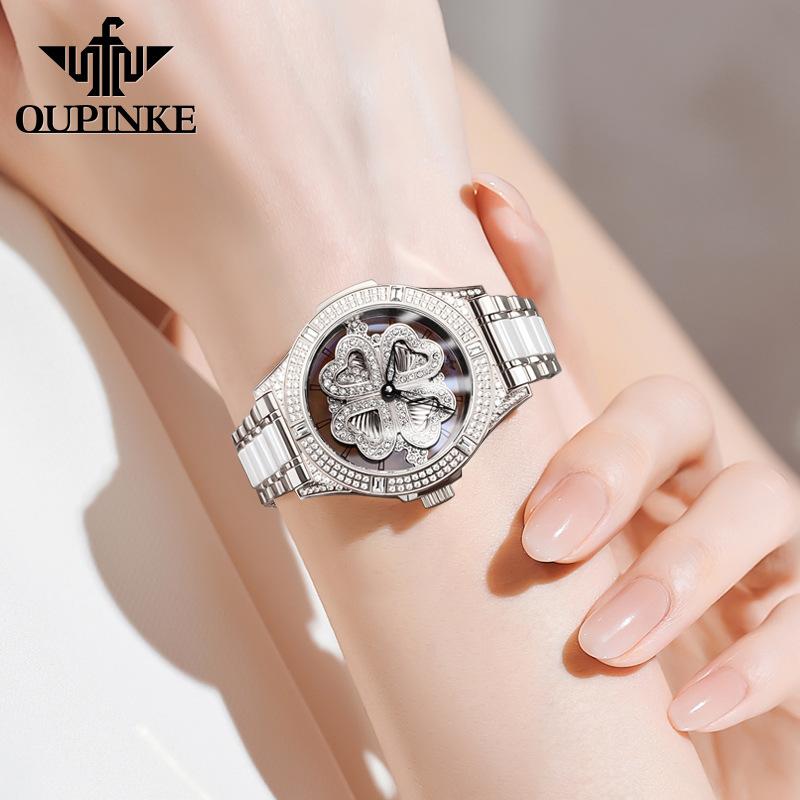 OUPINKE Women's Watch Four-leaf Clover Rotating Dial Automatic Mechanical Watch for Ladies and Women