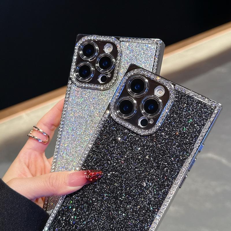 Glitzernde Handyhülle mit Diamantrahmen für iPhone 16 Pro 15 Pro Max 14 13 Pro, galvanisiert, stoßfest, Linsenschutz, Silikon, weiche Bumper-Abdeckung