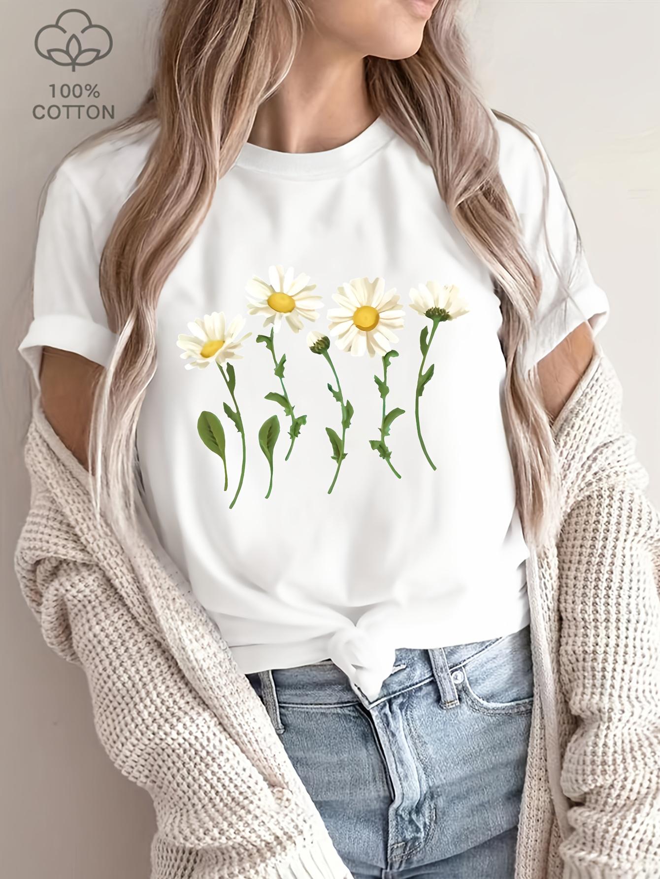 

Women s Floral Print Short Sleeve T-Shirt - White Daisy & Green Leaf Design Casual Regular Fit Ladies T Shirts Casual Attire S