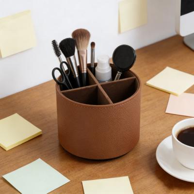 Rotating Pencil Holder Round Faux Leather Pen Organizer with 4 Slots Multifunctional Desk Accessories Organizer for Office Classroom Home Supplies