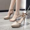 Fashion 2024 Summer New Fashion Satin High Heel Sandal Bow One-line Buckle Pointed Thick Heel Women's Pumps Wedding Shoes