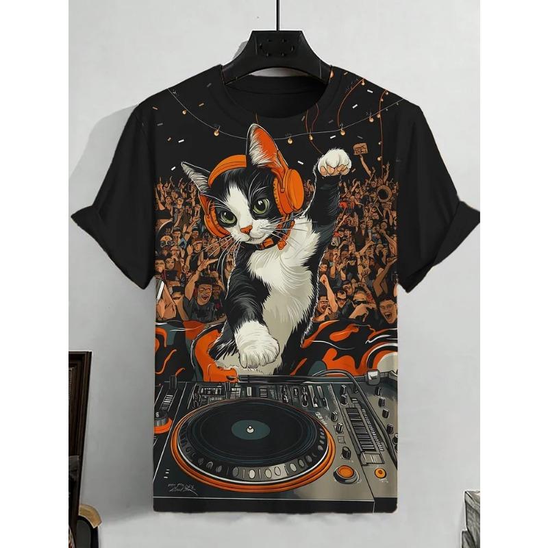 Herren Tier Lustige Katze Bedrucktes T-Shirt Kurzarm T-Shirt Tops 3D-Druck O-Ausschnitt Shirts Party Sommer Lässig Herrenbekleidung