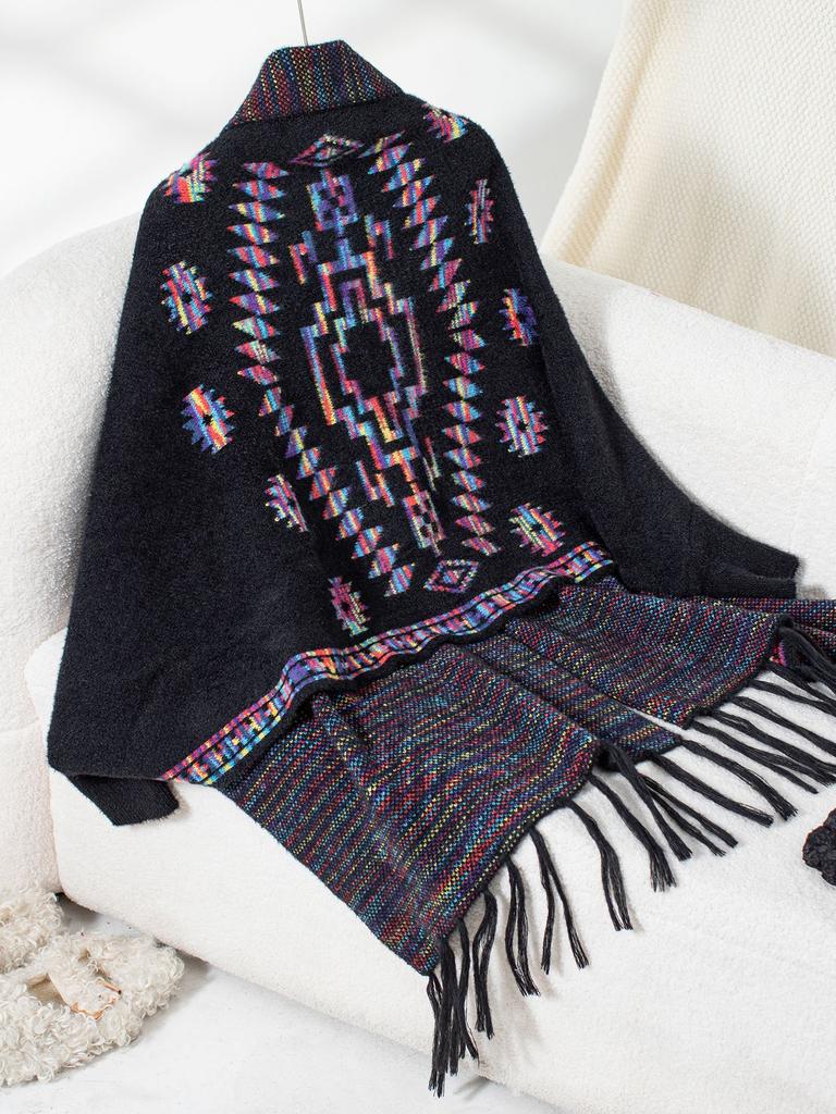 Women's Autumn and Winter Large Size Pop Jacquard Geometric Knitted Cardigan Loose Bat Sleeve Cloak Sweater Tassel Shawl