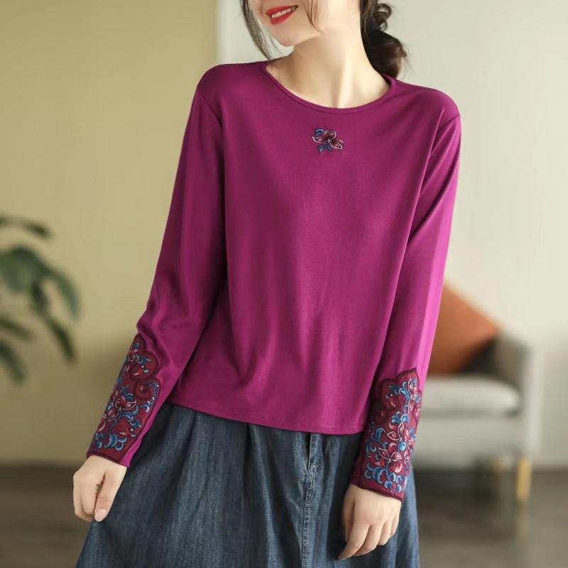 Pure Cotton Ethnic Style Embroidered Long-sleeved T-shirt for Women Autumn New Round Neck Pullover Bottoming Shirt