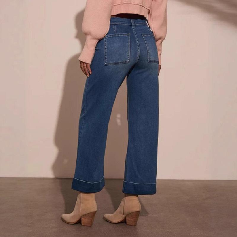 Women High Waist Denim Jeans Rdetro Washed Stretch Baggy Jeans Ladies Straight Pants