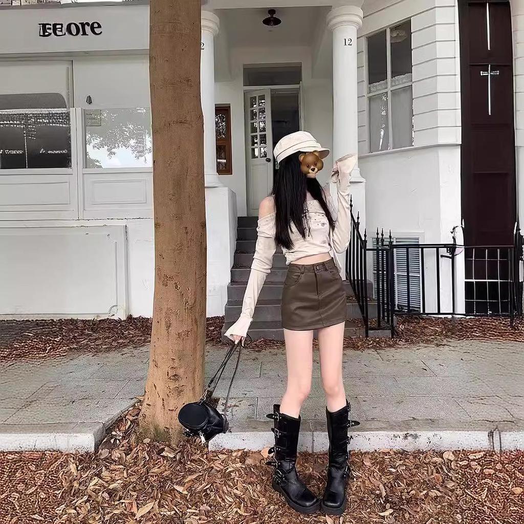 Meilade Women's PU Leather High Waist Brown A-Line Bodycon Mini Skirt - Spring 2024 Collection