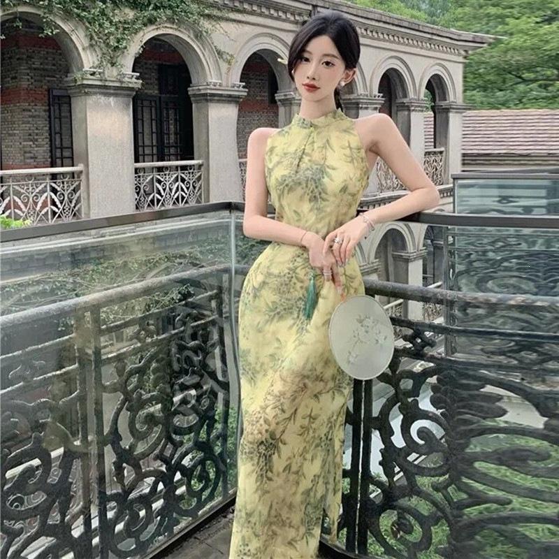 Temperament Elegant Hollow Open Shoulder Backless Floral Modified Cheongsam Dress Chinese Style Split Fork Waist Hip Wrap Dress
