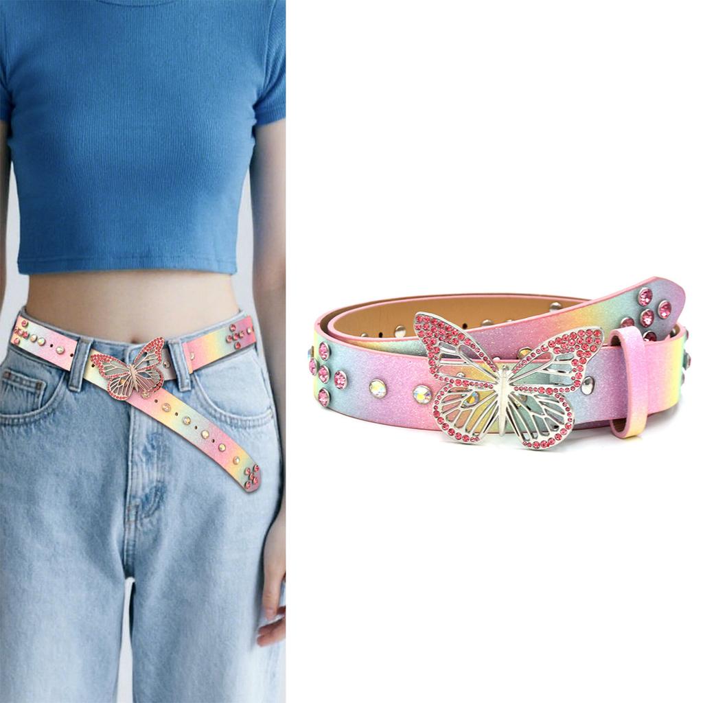 Elegant PU Leather Belt with Sparkling Rhinestones Butterfly Metal Fastener for Women Casual Wear Jeans Pants Waistband