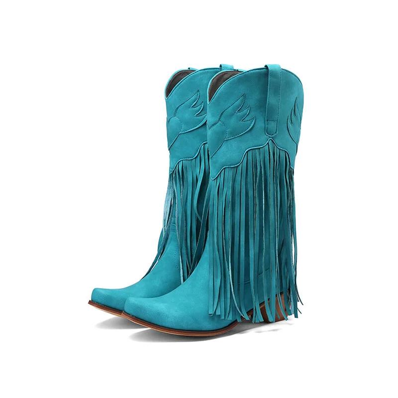 Large Size 45 Women Retro Ethnic Western Cowboy Boots Block Medium Heels Tassel Fringe Kneehigh Boots Lady Winter Shoes
