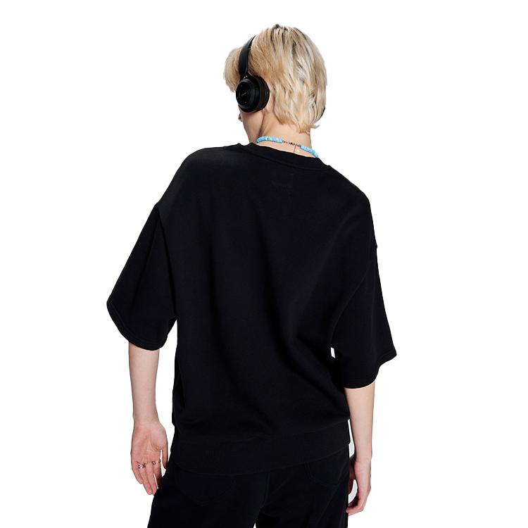 Solid Logo Print Loose Fit Crew Neck Pullover Short Sleeve Sweatshirt Men Sweatshirt Black LUT0051023RV00FK11000