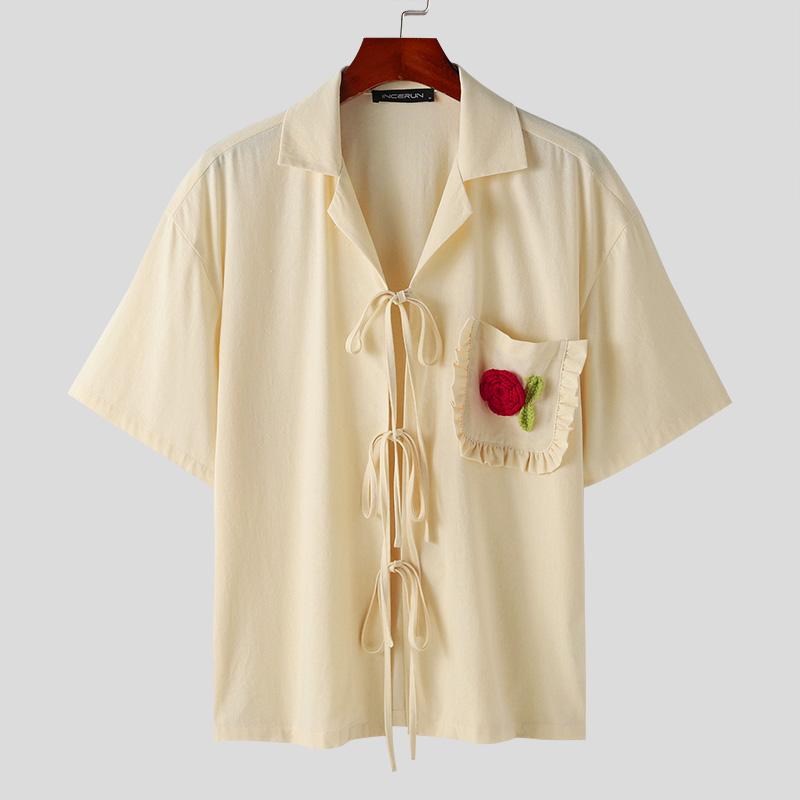 

INCERUN Большие мужские рубашки с отложным воротником и коротким рукавом на шнуровке с цветочным принтом M бежевый