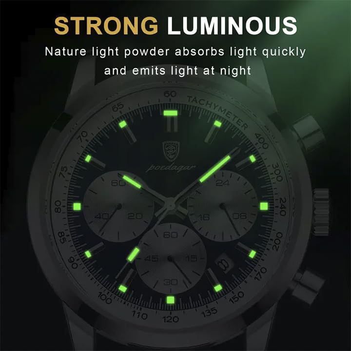 POEDAGAR Men's Quartz Chronograph Watch, Stylish, Perfect for School or Student Use, Silver and Navy, Leather [Parallel Import]