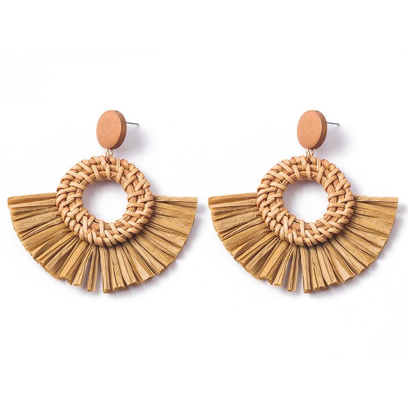 Hand-Woven Geometric Rattan Raffia Earrings, Retro Resort Fan Stud Earrings, Earrings For Women