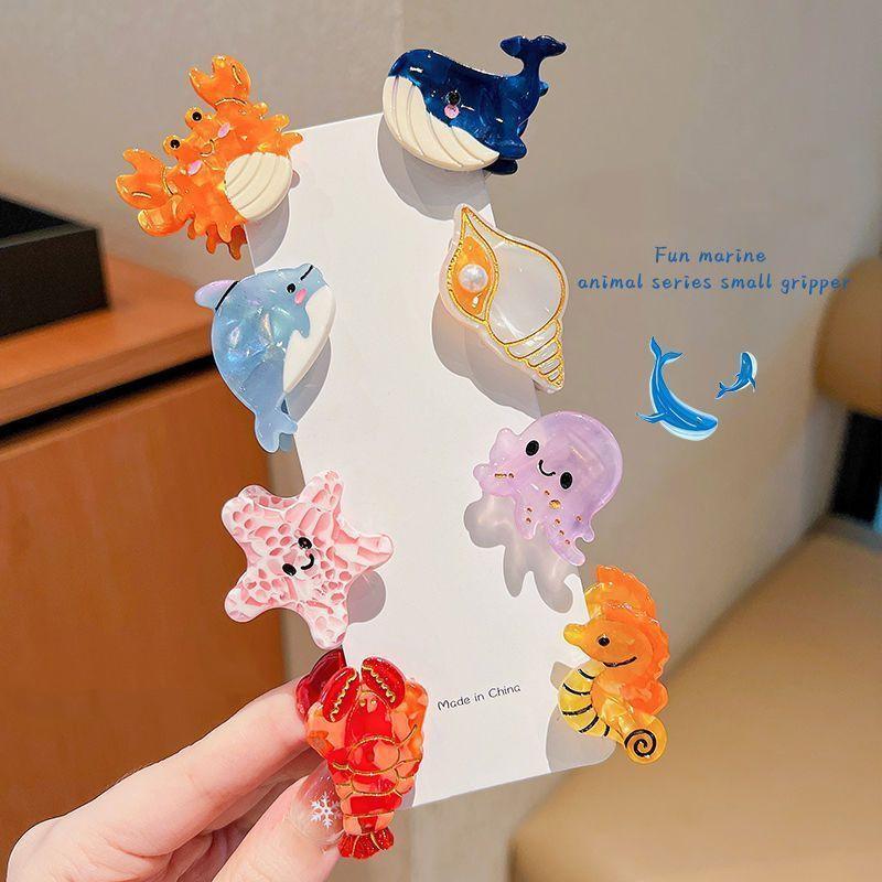 Pequeñas Delicadas Lindas Pinzas de Acetato para el Pelo de Niño Ballena de Dibujos Animados Caballito de Mar Cangrejo Estrella de Mar Horquillas Flequillo Lateral Accesorios para el Pelo de Niña