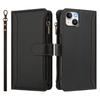 For iPhone 15 Plus Leather Case 9 Card Slots Zipper Wallet Stand Phone Cover with Wrist Strap