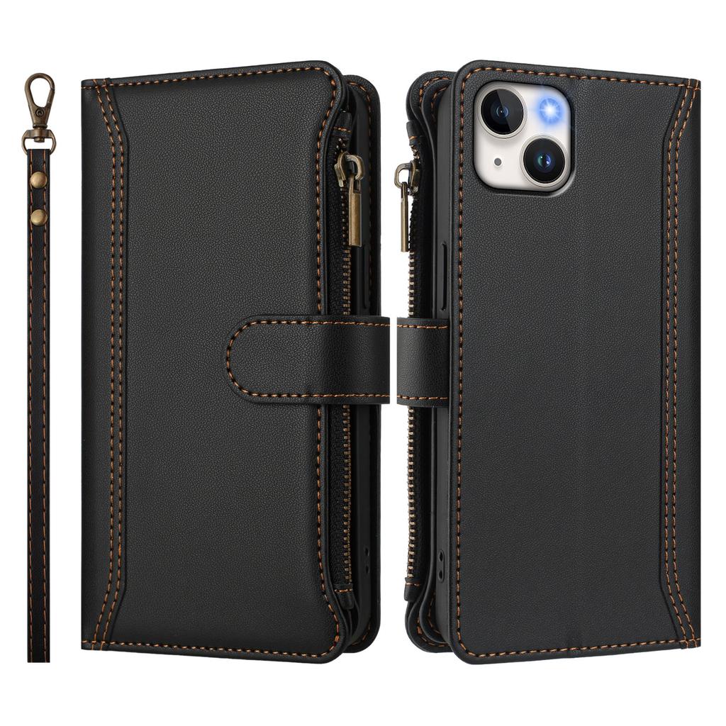For iPhone 15 Plus Leather Case 9 Card Slots Zipper Wallet Stand Phone Cover with Wrist Strap