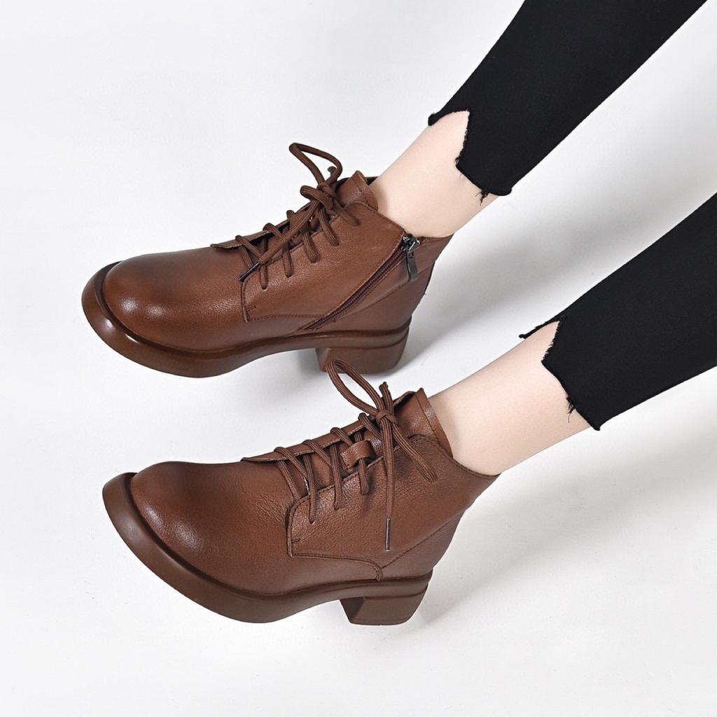 Martin boots flat leather soft-soled small short boots spring and autumn single boots round head and ankle boots velvet women's leather shoes