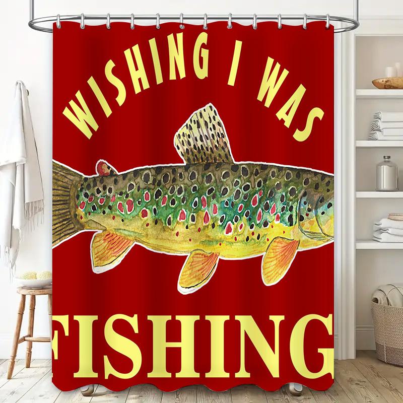 Red Shower Curtain with Golden Fish Design for Bathroom Decor Wishing I Was Fishing