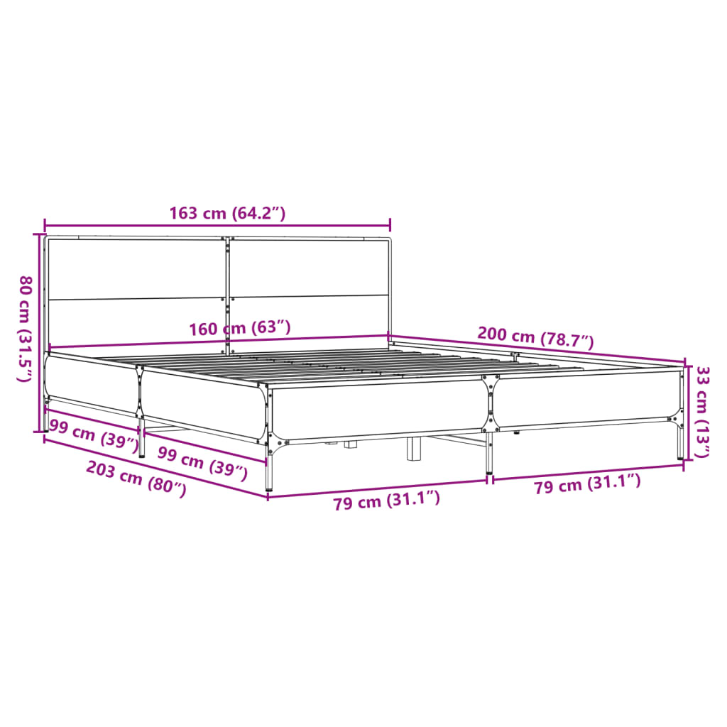 Bed Frame Grey Sonoma 160 x 200 cm Particleboard and Metal