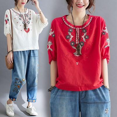 Cotton Linen Heavy Industry Embroidery Pure Cotton T-shirt for Summer Retro Artistic Loose Oversized Versatile Ethnic Style Shirt for Women Shirts