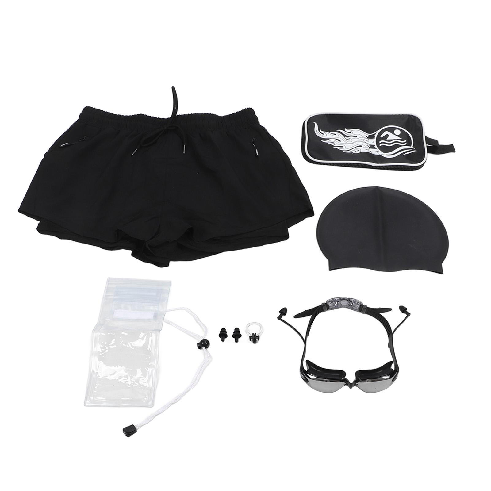 

8Pcs Men Swimming Shorts Hat Set Men Beach Shorts Glasses Phone Waterproof Bag Ear Plugs Kit for Gym XXL
