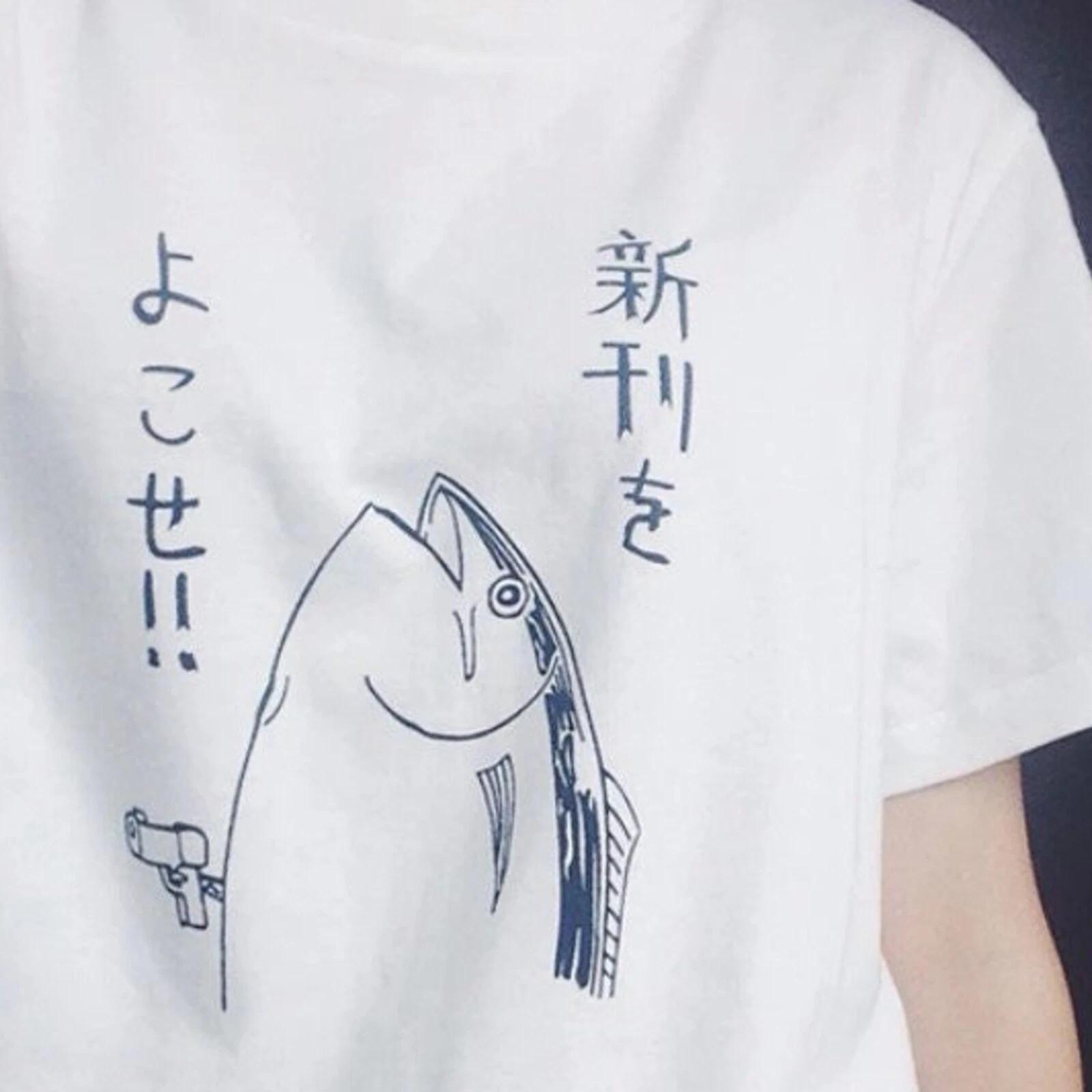 Men s and Women s T-shirts Fish Hold Up ! T shirt / Japan Fish Anime / %100 Premium Cotton S