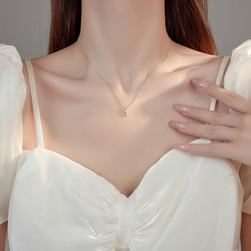 Korean Style 925 Sterling Silver Zircon Cross Necklace