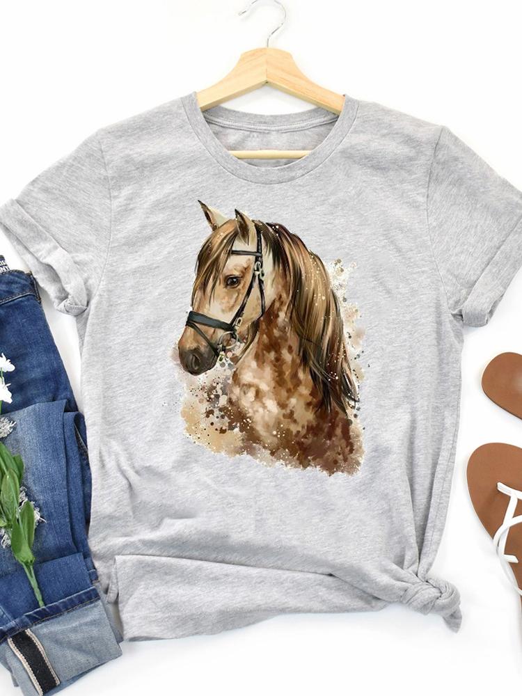 Damenmode Aquarell Pferd 90er Jahre Trend Casual Frauen Kleidung Sommer Kurzarm Graphic Tee T-shirts Weibliche T-shirt Kleidung