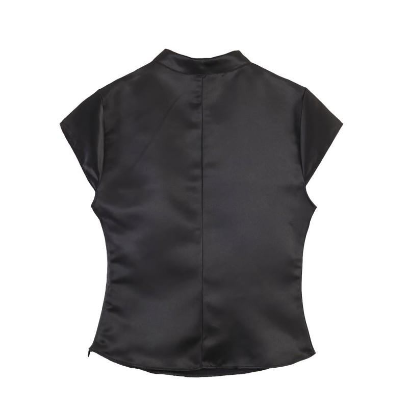 2026 Womens Street Style Satin Top Side Buttons Short Sleeve Stand Collar T Shirt XS-L
