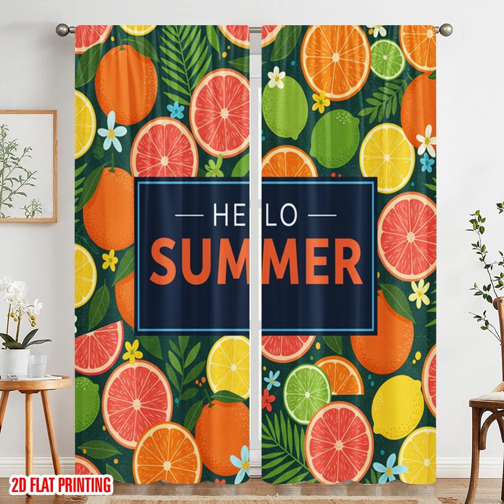 2pcs 2D Flat Printing Scene Curtain Summer Fruits Floral Vibes Polyester Without Electricity Festive Wall Decor for Holiday