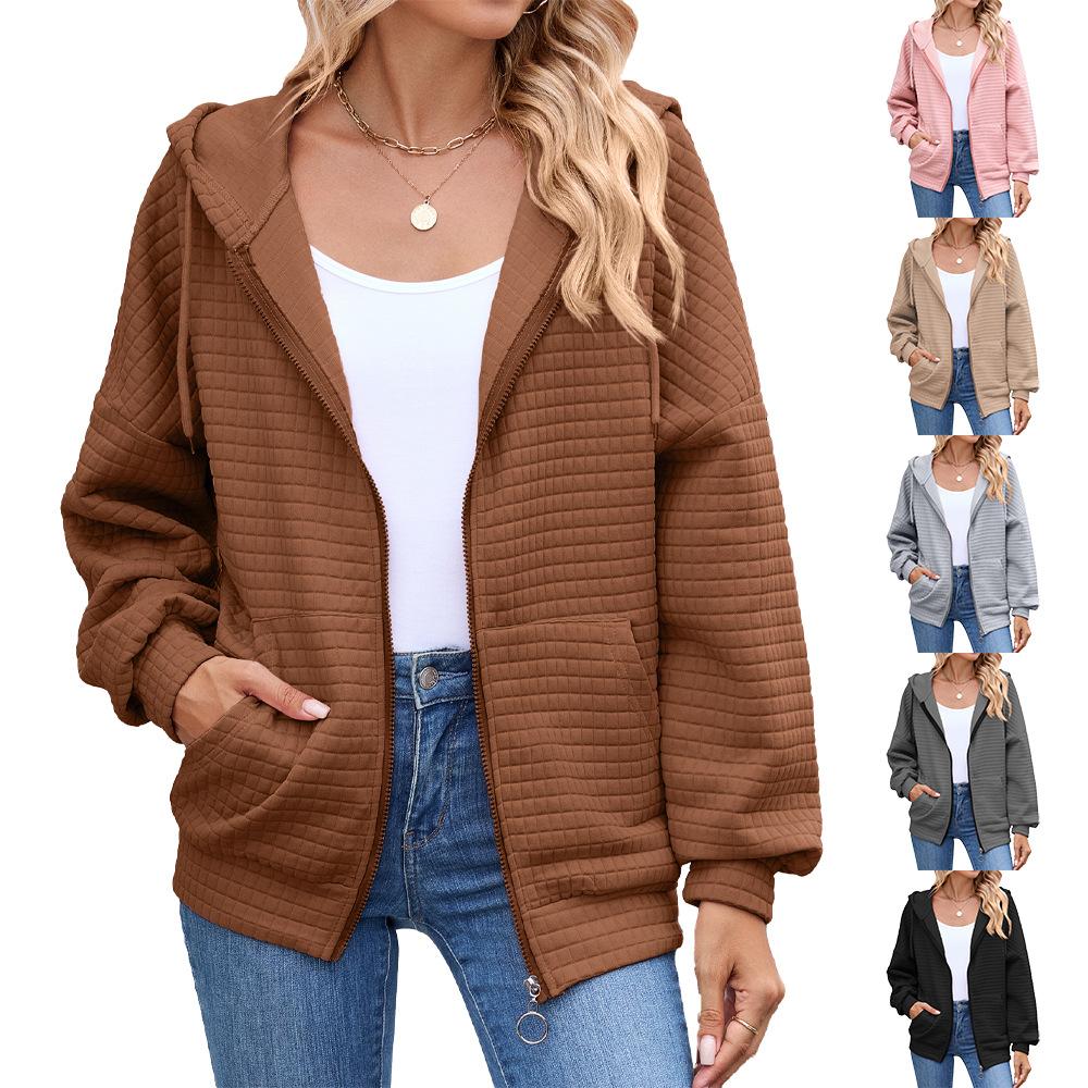 European and American-style Women's Solid Color Zip-up Long-sleeve Hooded Sweatshirt/jacket for Fall and Winter