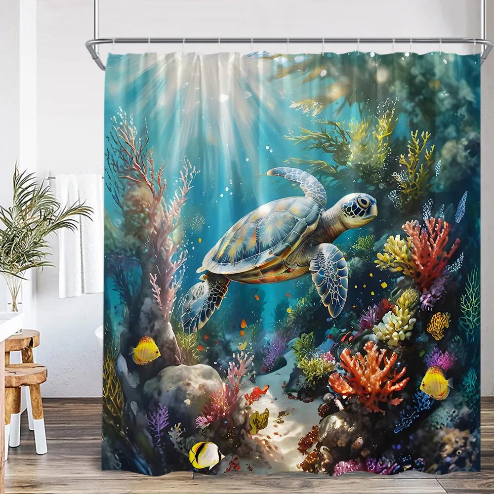 Sea Animals Shower Curtain 3D Dolphin Turtle Octopus Jellyfish Undersea World Bathroom Decoration Kids Polyester Bathtub Curtain
