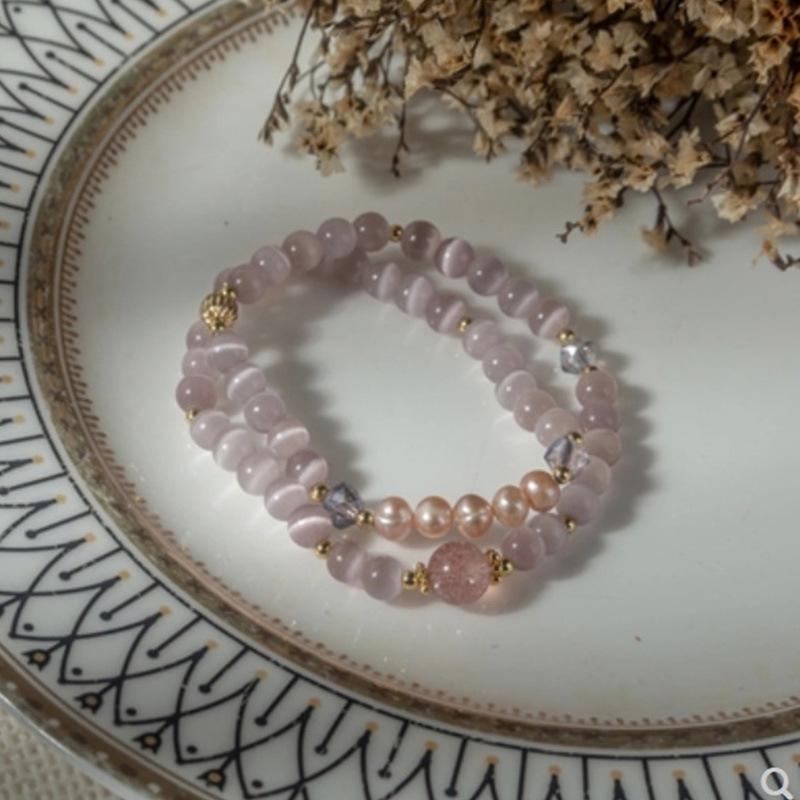 Natural freshwater pearl and cat s eye stone double-layer bracelet, fresh and cute bracelet for sweet and youthful girls Cat s Eye Pearl Bracelet3