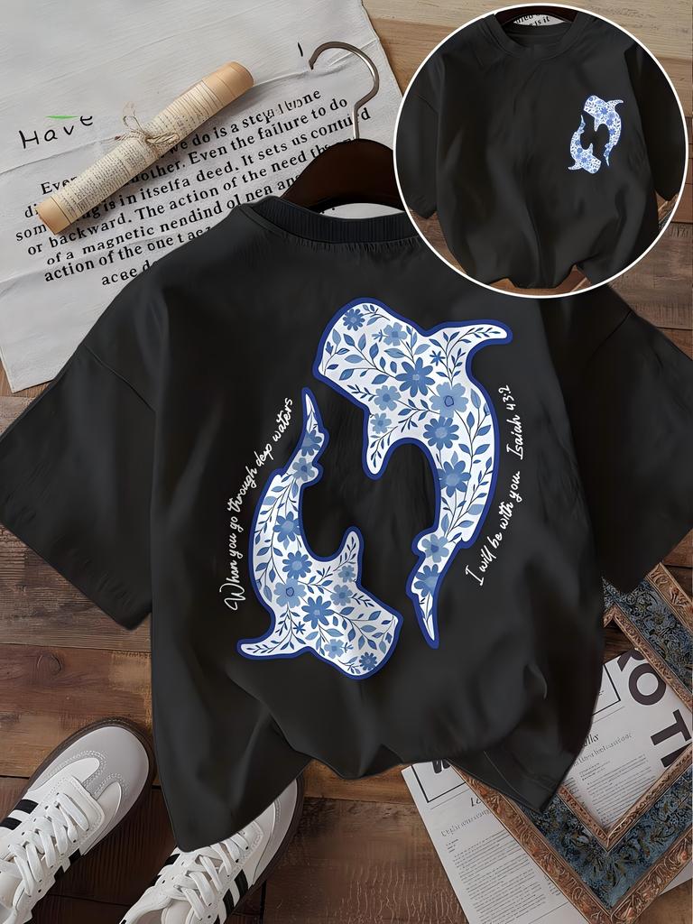 Blue Floral Whale Shark Graphic T Shirt Unisex Ocean Fish Print Tee Summer Casual Retro Aesthetic Harajuku Style Fashionable Top
